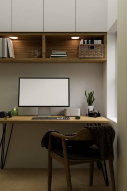 Minimum konforlu İskandinav ev iç mimarisi, ahşap duvar dolabı ve ahşap koltuğun altında bilgisayar modeli. 3d görüntüleme, 3d illüstrasyon