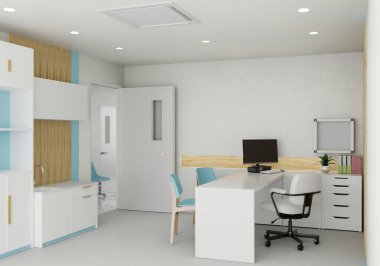 Modern beyaz ve parlak doktor ofisi ya da doktor masasında bilgisayar, dosya dolabı ve dekor olan tıbbi ofis tasarımı. 3d görüntüleme, 3d illüstrasyon