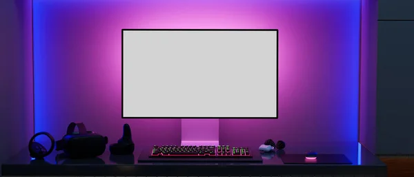 Moderner Gamer Computertisch Mit Rgb Lampen Hintergrund Moderne Computerattrappe Mit — Stockfoto