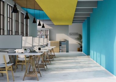 Ofis masasında bilgisayar modelleri olan modern şık ofis iç tasarımı, şık mavi duvar ve tavan lambaları. 3d görüntüleme, 3d illüstrasyon