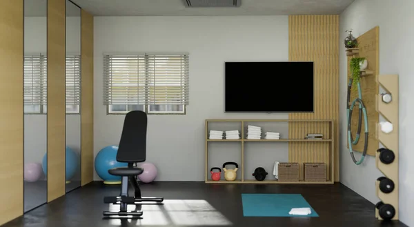 現代のホームフィットネスジムスポーツ用品 キャビネット 装飾のテレビブラックスクリーンモックアップ付きの運動室のインテリアデザイン 3Dレンダリング 3Dイラスト — ストック写真