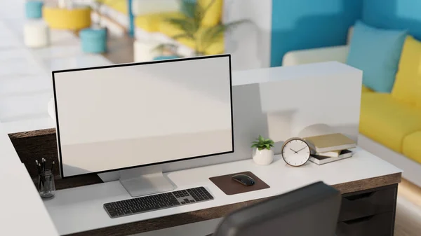 Modern reception counter workspace in the lobby with pc computer blank desktop mockup and equipments, seating area. closeup image, 3d rendering, 3d illustration