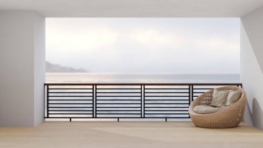 Modern lüks geniş balkon iç tasarımı rahat hasır şezlong koltuğu ve ahşap zemin üzerinde fotokopi alanı arka planda bulanık deniz manzarasına karşı. 3d görüntüleme, 3d illüstrasyon