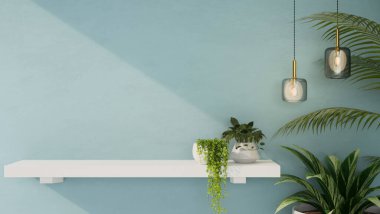 Modern beyaz duvar rafında ürün sergisi için bir kopya alanı dekor minimumu bitkiler, kapalı kapılar ve şık mavi duvarlı modern tavan lambaları. 3d görüntüleme, 3d illüstrasyon