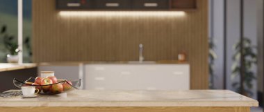 Arka planda bulanık mutfak masası, çay fincanı, elma tepsisi ve ürün sergisi için fotokopi alanı olan modern mermer mutfak. 3d görüntüleme, 3d illüstrasyon