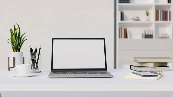 Modern minimal white workplace interior design with portable notebook laptop computer mockup, accessories, decor and stationery on white table, white wall. close-up, 3d rendering, 3d illustration
