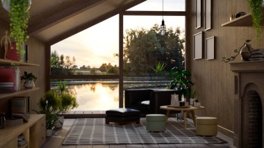 Tatil için modern İskandinav ahşap evi ya da tatil için rahat bir oturma odası, şömine, kapalı bitkiler, arka planda üçgen büyük pencere ve göl manzaralı bir tatil. 3d görüntüleme, 3d illüstrasyon