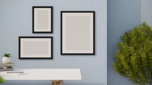 Modern living room with blank empty picture poster frame mockup for display your art pics on the blue wall and a copy space on white tabletop. close-up image. 3d rendering, 3d illustration