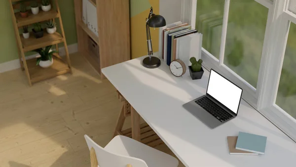 Overhead View Minimal Scandinavian Home Office Room Interior Mockup Laptop — Φωτογραφία Αρχείου