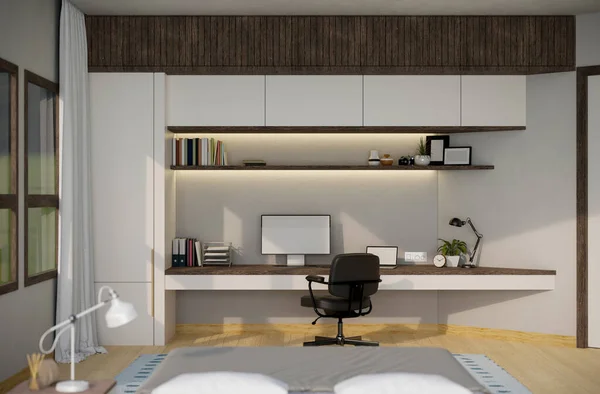 Home workplace in modern spacious bedroom interior design with PC computer mockup, laptop and accessories on modern white built-in shelves combination. 3d rendering, 3d illustration