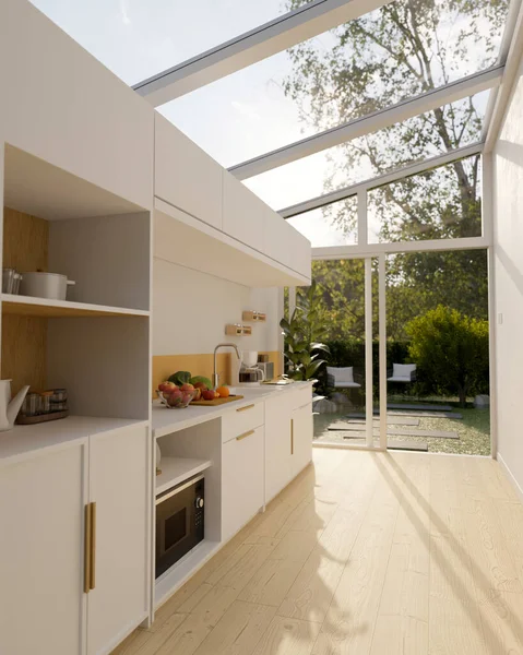 Interior Cozinha Doméstica Branca Moderna Com Quintal Verde Fundo Mobilado — Fotografia de Stock