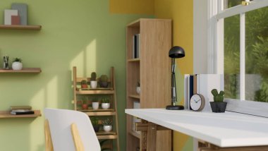 Rahat çalışma odasının iç tasarımı, pencereye dayalı çalışma masası, ahşap kitaplık, tahta kaktüs rafı, yeşil duvarda ahşap duvar rafı. Yakın plan. 3d görüntüleme, 3d illüstrasyon