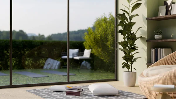 リラックスしたエリア 屋内植物 大きなガラス窓と緑の裏庭の景色を備えたモダンな家庭のリビングルームのインテリアデザイン 3Dレンダリング 3Dイラスト — ストック写真