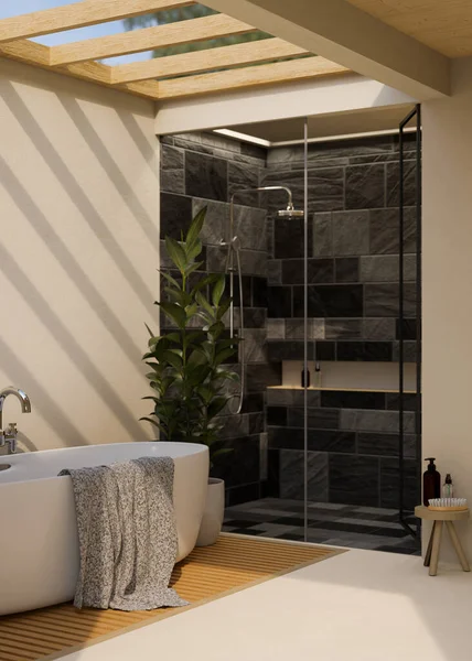 现代雅致浴室室内设计与豪华浴缸 室内植物和现代雨水淋浴空间的木制天花板与阳光 3D渲染 3D说明 — 图库照片