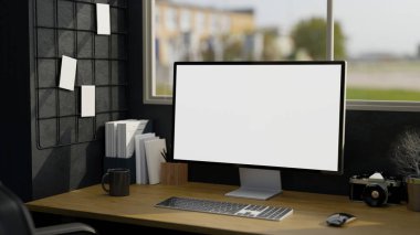 Modern hipster ofis içi bilgisayar içi boş ekran maketi, kırtasiye ve dekorasyonla pencere ve siyah duvara karşı ahşap masa. 3d görüntüleme, 3d illüstrasyon