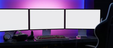 Arka planda RGB ışıkları olan modern oyun masası kurulumu, Modern 3 masaüstü bilgisayar modeli, oyun klavyesi, masada VR gözlükleri ve oyuncu koltuğu. 3d görüntüleme, 3d illüstrasyon