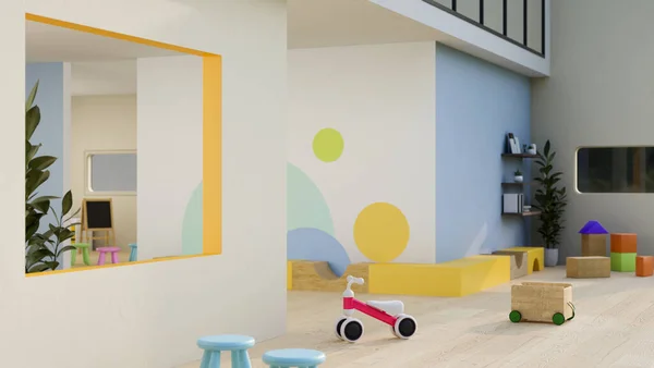Modern colourful trendy nursery or kindergarten classroom playroom interior design with kid toys, kid bicycle and colourful decor. 3d rendering, 3d illustration