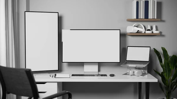 Modern programmer or architectural engineer computer desk workplace interior design with a computer monitor, a vertical computer monitor and a laptop white screen mockup. 3d rendering, 3d illustration