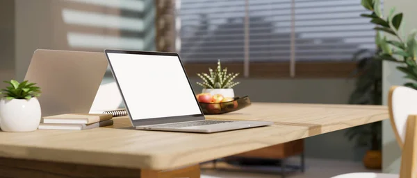 Minimal Working Space Wood Working Table Notebook Laptop White Screen — Stockfoto