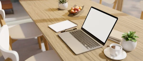 Comfortable Working Space Portable Laptop White Screen Mockup Notepad Accessories — Stockfoto