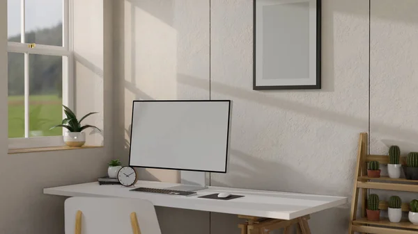 Minimal white home workplace interior design with pc computer white screen mockup and stuff on the table over white wall with blank picture frame mockup. 3d rendering, 3d illustration