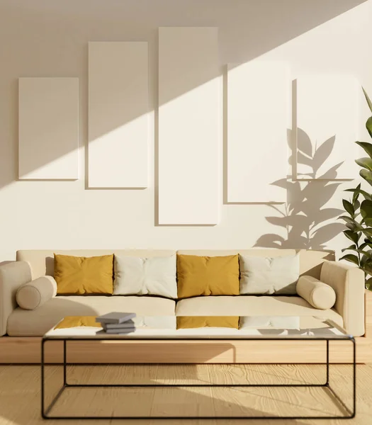 Comfortable modern living room interior design with comfy beige sofa, indoor plant, stylish coffee table and white blank poster frame on white wall. 3d rendering, 3d illustration