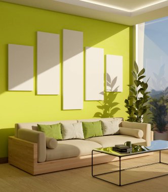 Modern moda oturma odası iç tasarımı rahat kanepe, modern kahve masası, kapalı salonda bitkiler ve şık yeşil duvarda boş çerçeve modeli. 3d görüntüleme, 3d illüstrasyon