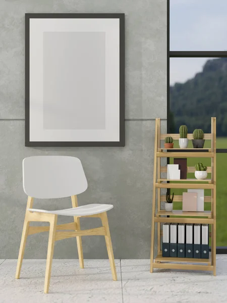 Modern blank picture frame mockup for display your artwork on the modern grey cement wall in the minimal living room with wood chair and decor shelf. 3d rendering, 3d illustration