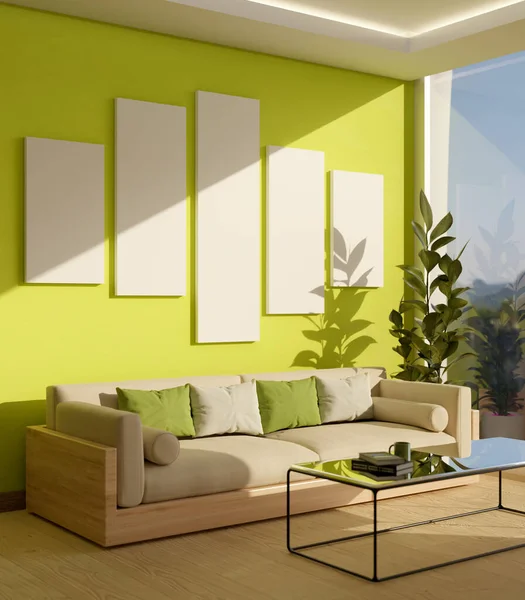 Modern trendy home living room interior design with comfortable sofa, modern coffee table, indoor plants and empty frame mockup on stylish green wall. 3d rendering, 3d illustration