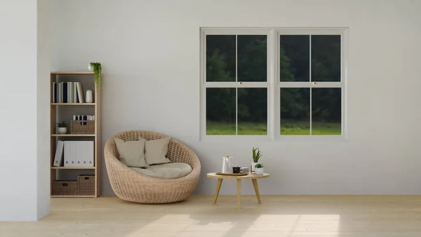 Comfortable Minimal Living Room Interior Design Wicker Chair Wood Coffee — ストック写真