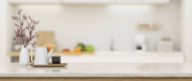 Modern kitchen countertop or tabletop with coffee cup, coffee kettle, flowers in ceramic vase and empty space for product display over blurred kitchen in the background. 3d rendering, 3d illustration