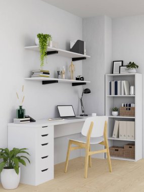 Beyaz ev ya da daire iç mimarisi, dizüstü bilgisayarı beyaz stüdyo masasında, beyaz kitaplık, kapalı alanda bitki, dekor ve beyaz duvarda raf. 3d görüntüleme, 3d illüstrasyon