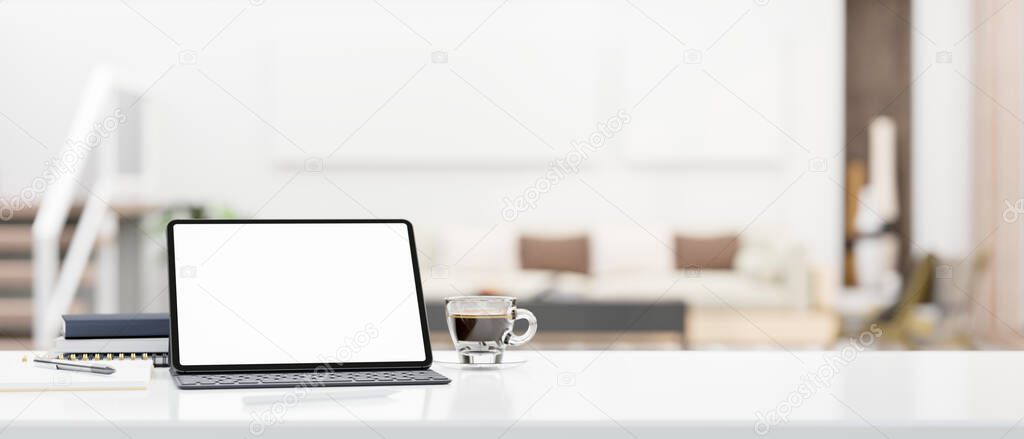 Modern workspace tabletop closeup with portable tablet touchpad white screen mockup with wireless keyboard, stuff and empty space over blurred living room in background. 3d rendering, 3d illustration