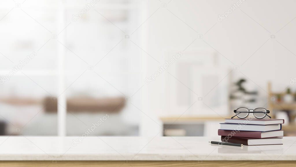Modern white tabletop with empty space for montage your product display with eyeglasses on the book over blurred living room in the background. close-up image. 3d rendering, 3d illustration