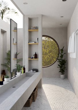 Modern tropikal banyo iç tasarımı modern stil çimento lavabosu, ayna, banyo ürünleri, havlular ve kapalı tropikal bitkiler. 3d görüntüleme, 3d illüstrasyon