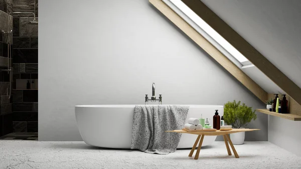 Modern Bright Stylish Bathroom Interior Design Modern Bathtub Towel Bathroom — Stockfoto