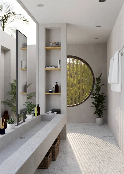 Design Interiores Moderna Casa Banho Loft Tropical Com Pia Cimento — Fotografia de Stock