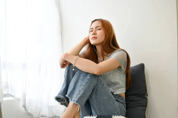 Tired Unhappy Millennial Asian Woman Sitting Living Room Feeling Upset — Zdjęcie stockowe