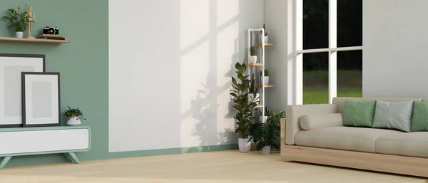 Modern comfortable green living room interior design with comfortable sofa, stylish cabinet, frame mockup, decor and indoor plants. 3d rendering, 3d illustration