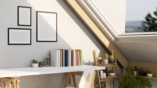 Modern contemporary workspace in home attic room interior design with working table, cactus shelf, indoor plants, frame mockup on the wall and window. 3d rendering, 3d illustration