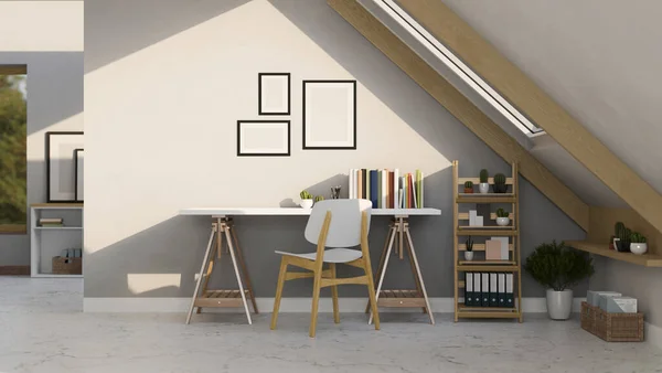 Modern cozy minimal home attic working room interior design decorated with table, chair, cactus shelf, decor and frame mockup on white wall. 3d rendering 3d illustration