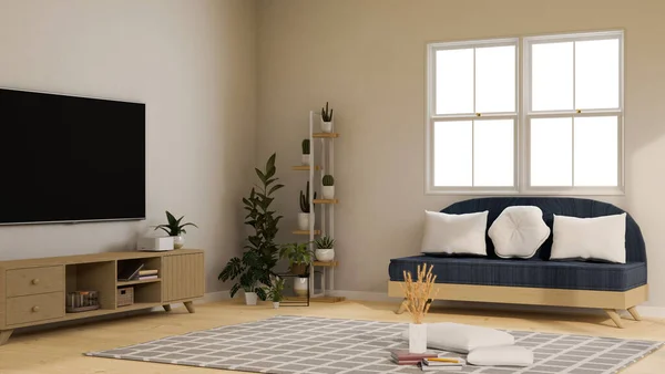 Comfortable minimal living room interior design with comfy sofa, carpet, minimal indoor plants shelves, wood cabinet and modern TV on white wall. 3d rendering, 3d illustration