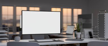 Modern ofis ortak çalışma odası iç tasarımı PC masaüstü bilgisayarı ve ofis malzemeleri ile masada. 3d görüntüleme, 3d illüstrasyon