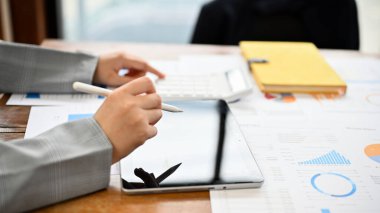 A professional female financial consultant or accountant is working on a financial task with a financial report in the office. cropped