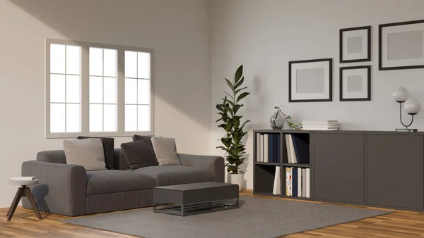 Minimal Comfortable Home Living Room Interior Design Comfy Grey Sofa —  Fotos de Stock