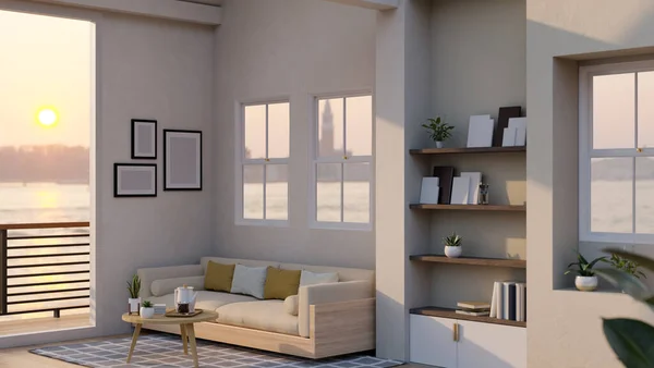 Modern Comfortable Apartment Living Room Interior Design Balcony Comfy Sofa — Stockfoto