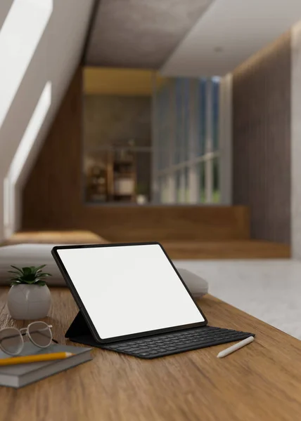 Close Image Digital Tablet White Screen Mockup Wireless Keyboard Accessories — Φωτογραφία Αρχείου