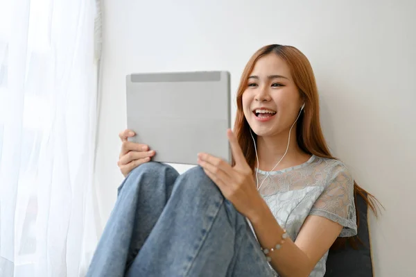 Charming Happy Young Asian Woman Using Digital Tablet Video Call — Φωτογραφία Αρχείου