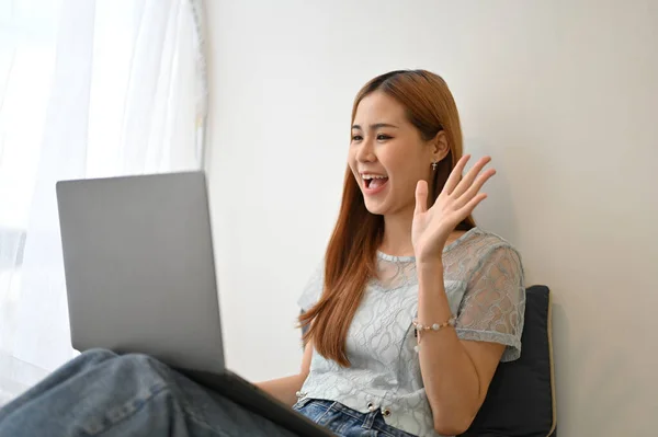 Cheerful Pretty Young Asian Woman Having Video Call Her Friends — Φωτογραφία Αρχείου