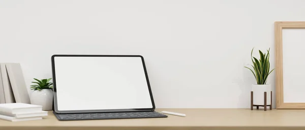 Minimal workspace tabletop with tablet white screen mockup, wireless keyboard, accessories and decor plant over white wall. close-up image. 3d rendering, 3d illustration
